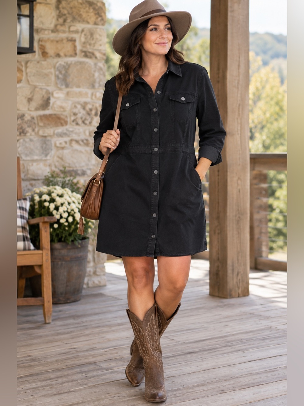 LOGO by Lori Goldstein Black Long Button-Front Shirt Dress Utility Western Jean